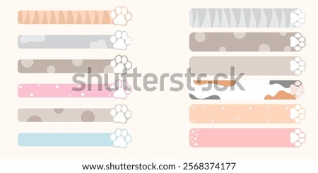 Set of pet pawprint speech bubbles, dividers. Cute paw print bookmarks