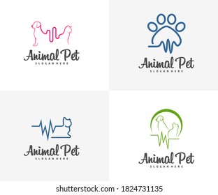 Set of Pet Pulse Logo dog cat design vector template. Animals Veterinary clinic Logotype concept outline icon.