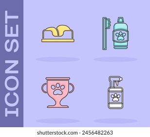 Set Pet shampoo, bed, award and Dental hygiene for pets icon. Vector