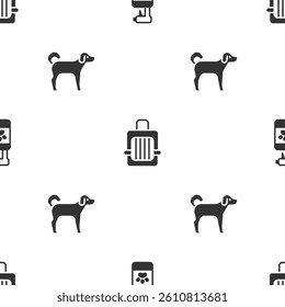 Set Pet shampoo, carry case and Dog on seamless pattern. Vector