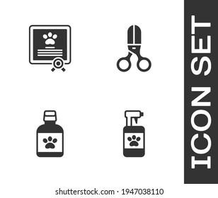 Set Pet shampoo, Certificate for dog or cat, Dog medicine bottle and Scissors hairdresser icon. Vector