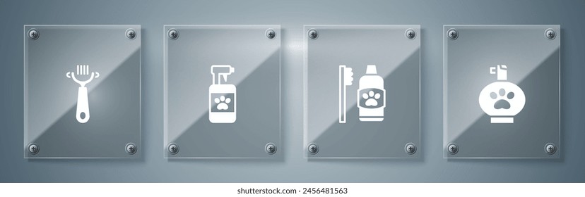 Set Pet shampoo, Dental hygiene for pets,  and Hair brush dog and cat. Square glass panels. Vector