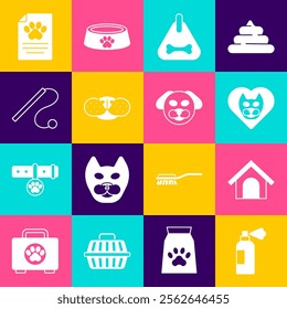 Set Pet shampoo, Dog house, Heart with cat, collar, Cat nose, toy, Clinical record pet and  icon. Vector