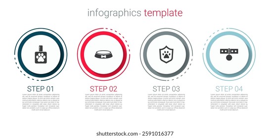 Set Pet shampoo, food bowl, Animal health insurance and Collar with name tag. Business infographic template. Vector