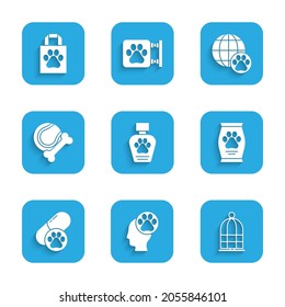 Set Pet shampoo, Human with animals footprint, Cage for birds, Bag of food, Dog pill, toys bone rubber and ball, World pet and Shopping bag icon. Vector