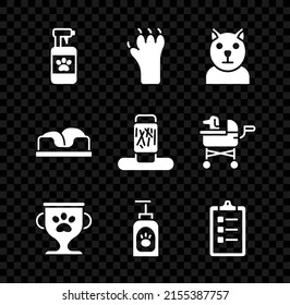 Set Pet shampoo, Paw print, Cat, award, Grooming salon price list, bed and scratching post icon. Vector