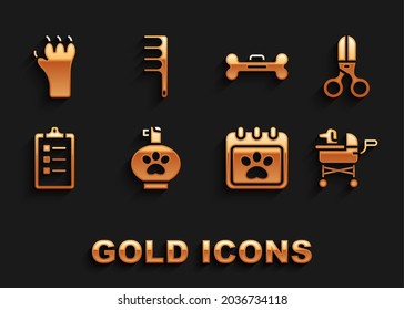Set Pet shampoo, Scissors hairdresser, stroller, Calendar grooming, Grooming salon price list, Dog bone, Paw print and Hair brush for dog and cat icon. Vector
