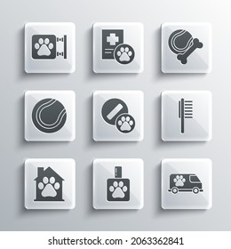 Set de champú de mascota, ambulancia veterinaria, Vial médico de mascotas, pastilla de perro, casa, pelota de tenis, clínica y juguetes hueso de goma e ícono. Vector