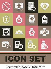 Set de champú de mascota, clínica veterinaria, mascota de registro clínico, botella de medicina de perro, Collar con etiqueta de nombre, seguro de salud animal, parásito anti gusanos y ícono de bolsa de comida. Vector