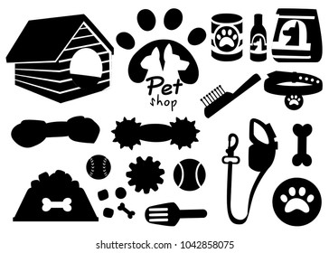 Set of pet shop black icons. Accessories for dogs. Flat vector illustration. Feed, toys, balls, collar. Products for the pet shop. Vector illustration isolated on white background