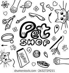 Conjunto de pet shop em estilo doodle. Ilustração desenhada à mão. Contorno desenhado. Gatos acessórios, brinquedos. Coleção de vetores