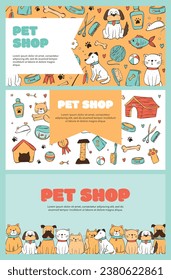 set of pet shop horizontal banners with copy space and doodles for vet clinics, pet shelters. Good for posters, prints, invitations, cards, leaflets, etc. EPS 10