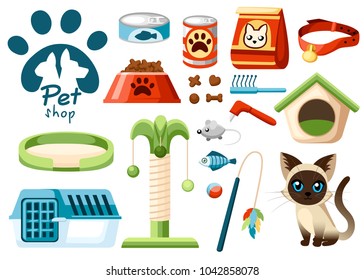 Set of pet shop icons. Accessories for cats. Flat vector illustration. Feed, toys, bowl, collar. Products for the pet shop. Vector illustration isolated on white background