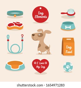 Set of pet shop icons. Accessories for dogs. Flat vector illustration.