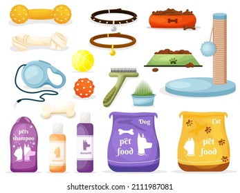 Set of pet shop icons. Accessories for dogs. Flat vector illustration. Animal food, toys, care and other stuff. Products for the pet shop.