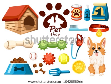 Set of pet shop icons. Accessories for dogs. Flat vector illustration. Feed, toys, balls, collar. Products for the pet shop. Vector illustration isolated on white background