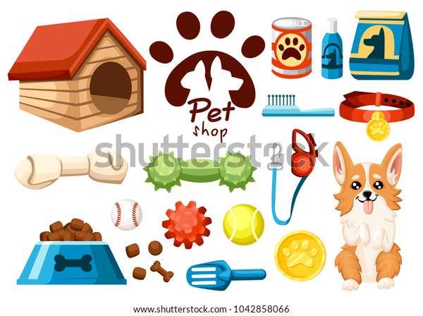 ペットショップのアイコンのセット 犬用アクセサリー 平らなベクターイラスト 餌 おもちゃ ボール カラー ペットショップの商品 白い背景にベクター イラスト のベクター画像素材 ロイヤリティフリー
