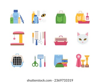 Set of a pet shop icons. Cats supplies - medicines, shampoo, wool brushes, scissors, feed, cat litter, travel carrier box, scratching post. Minimalist illustration. Grooming service concept