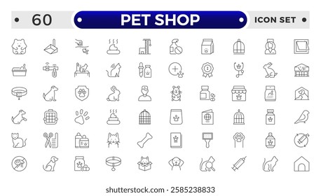 Set of pet shop icons, dog, cat, puppy, animals. Pet, vet, pet shop, types of pets - minimal thin line web icon set. Outline icons collection.
