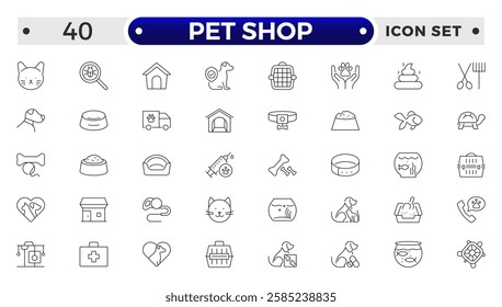 Set of pet shop icons, dog, cat, puppy, animals. Pet, vet, pet shop, types of pets - minimal thin line web icon set. Outline icons collection.
