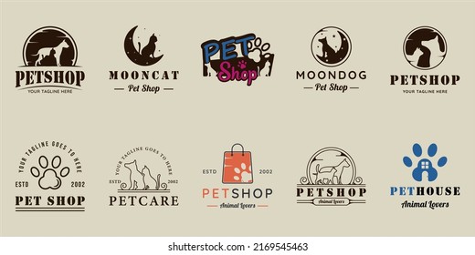 conjunto de diseño gráfico de la plantilla de ilustración vintage del logotipo de tienda de mascotas. colección de paquetes de varios signos o símbolos de gato y perro para los negocios o los amantes de los animales