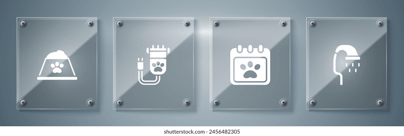 Set Pet shower, Calendar grooming, Hair clipper pet and food bowl. Square glass panels. Vector