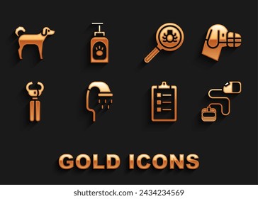 Set Pet shower, Dog in muzzle, Retractable cord leash, Grooming salon price list, nail clippers, Flea search,  and shampoo icon. Vector