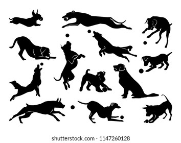 Set of pet silhouettes. Dogs with ball. Vector illustration