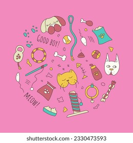 Set of pet store elements. Pictures of animal faces, accessories for pet care. Vector illustration on bright pink background.