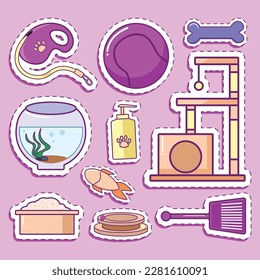 Set of Pet Stuff Cute Sticker Illustration Set