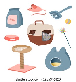 Set of pet supplies, accessories. accessories for cats. Vector illustration for pet shop.