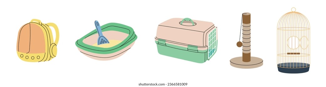 Set of pet supplies. Backpack carrier, pet toilet, cat litter box, carrying case, cat scratch post, bird cage. Vector illustration.