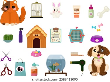  Set of pet supplies, cute cat and dog. Cartoon vector illustration of food, accessories and and toys for domestics. Grass, pet home, bowls, bones, grooming tools, fish aquarium, cage and others