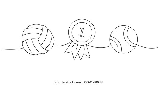 Set of pet supplies. Dog ball toy, first place medal, tennis ball, pet toy continuous one line illustration. Vector linear illustration.