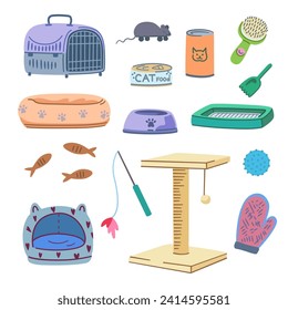 Set of pet supplies. Elements of cat grooming elements, food, toys, cages, beds. Vector illustration.