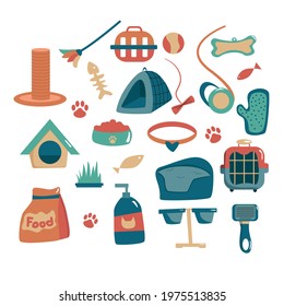 Set of pet supplies,accessories. 
Items for animals. House, toy, carrying. Icons. Vector. Cartoon.
