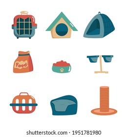 Set of pet supplies,accessories. 
Products for animals, cats and dogs. Icons. Isolated on white background. Vector graphics