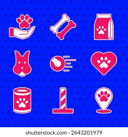 Definir Bola de brinquedos de animal de estimação, Posto de coçar gato com, Localização hospital veterinário, Coração animais pegada, Enlatados comida, Cão, Saco de para animal de estimação e Mãos ícone. Vetor