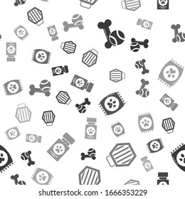 Set Pet toys bone rubber and ball, Pet carry case, Bag of food for pet and Dog medicine bottle and pills on seamless pattern. Vector