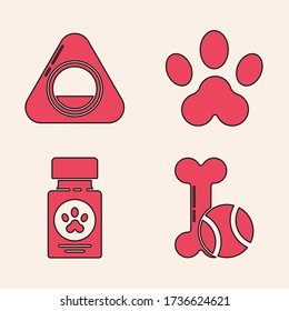 Set Pet toys bone rubber and ball, Pet bed, Paw print and Dog medicine bottle and pills icon. Vector