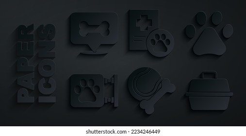 Set Pet toys bone rubber and ball, Paw print, Veterinary clinic, carry case, Clinical record pet and Dog icon. Vector