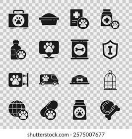 Set Pet toys bone rubber and ball, Cage for birds, Animal health insurance, Clinical record pet, Location veterinary, shampoo, first aid kit and Canned food icon. Vector