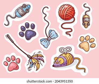 Set of pet toys in cartoon cute style. Toy mouse, mechanical mouse, feathers on the handle, clew, footprints, bow on a string. Toys for cats, dogs and other pets