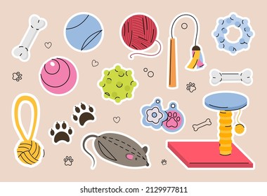 Set of pet toys in cute style. Colorful stickers with rattles, balls, skeins of thread, scratching post, clockwork mouse and bone. Cartoon flat vector collection isolated on beige background