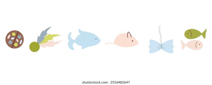 Set of pet toys on white background, vector illustration, fish, mouse, ball