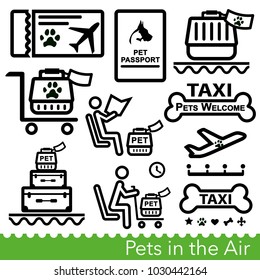 Set of pet transportation icons. Pet friendly travel by air or land, dog and cat documents and travel accessories. Vector Illustration