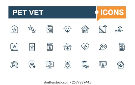 Set of Pet Vet line icons. Contains related to bone, dog, store, fish, health, animal, on and more. Minimalistic icon. Solid line editable stroke.