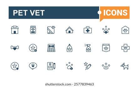 Set of Pet Vet line icons. Contains related to bone, dog, store, fish, health, animal, on and more. Minimalistic icon. Solid line editable stroke.