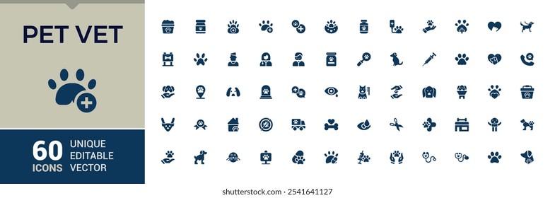 Conjunto de iconos sólidos Pet Vet. Incluye gatito, vino, perro, naturaleza, tortuga y más. Icono plano minimalista lleno. Icono de Vector editable e ilustración.