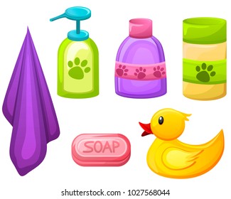 Set of pet,animal grooming object for pet salon.Soap,shampoo and other liquids in different colorful bottles,towel and duck for bath.Pet hygiene. Pet shop concept.